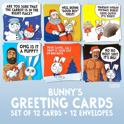 Bunny's 'greeting' Kaarten zijn voorzien van grappige quotes en humoristische afbeeldingen van Cartoon Called Life. Te koop bij Flavourez