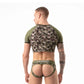 Kakikleurige crop top met camouflage design, ontworpen door het Spaanse gay merk Leader en te koop bij Flavourez.