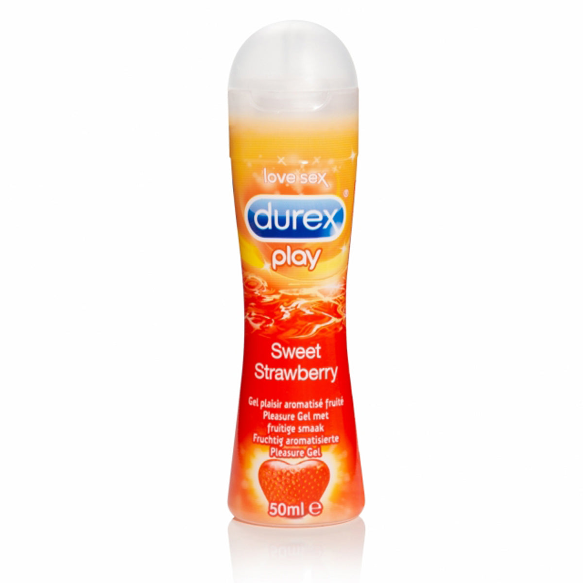 Oranje flesje met Durex Play Sweet Strawberry, Durex Play voor sexuele avonturen! Durex producten koop je bij Flavourez!