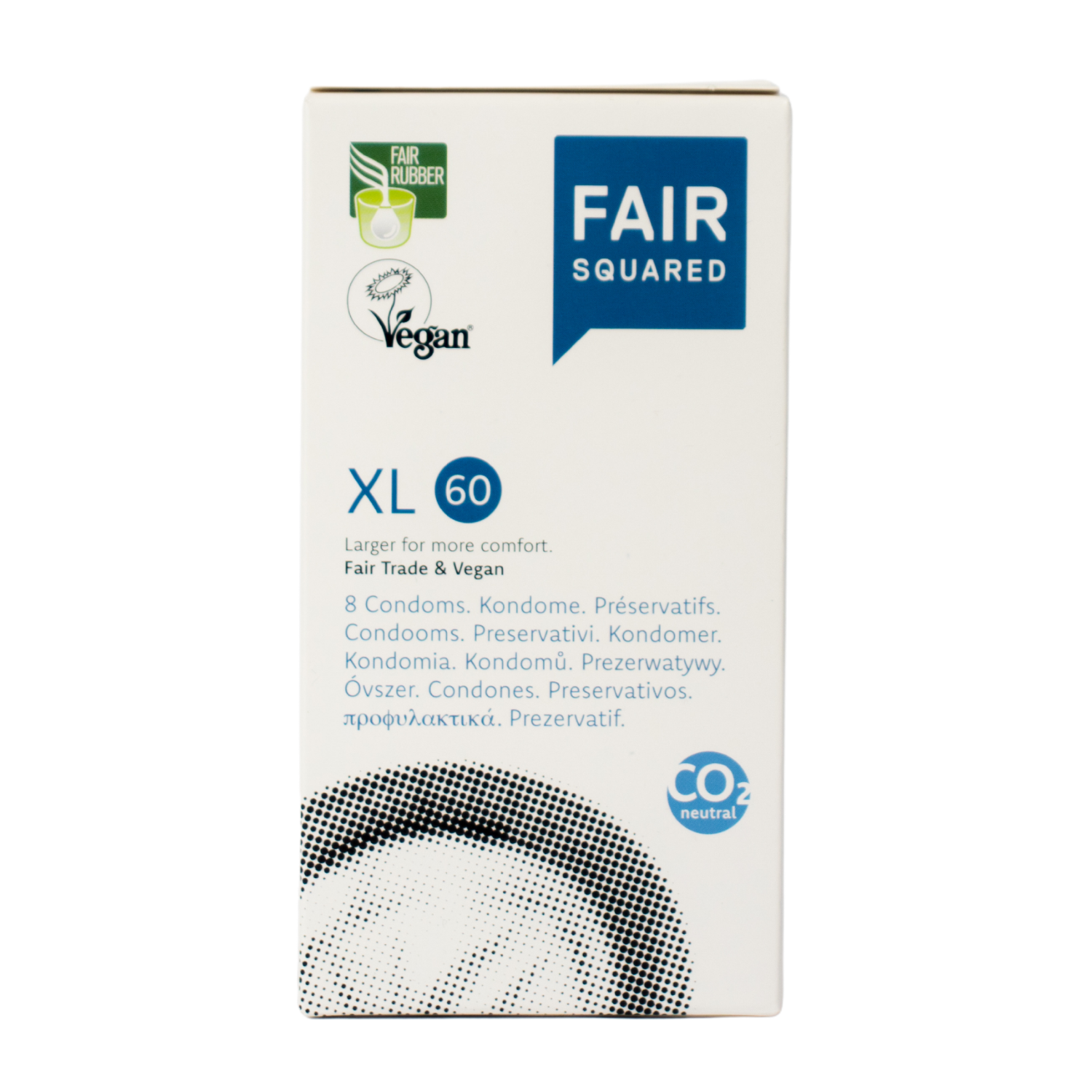 Fair Squared XL condooms hebben een nominale breedte van 60 mm en zijn geschikt voor een XL penis. XL condooms koop je bij Flavourez.nl