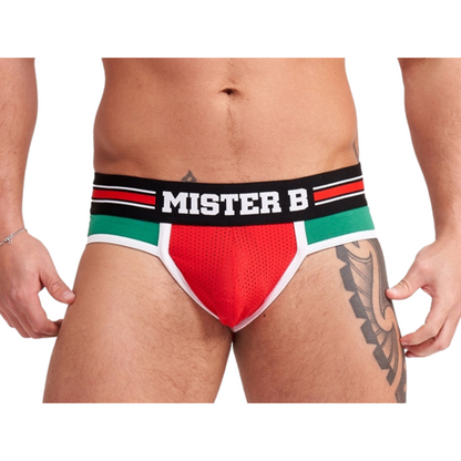 Groen met rode jockslip met push up voorvakje uit de Mister B Urban collectie. Perfect voor gay mannen en te koop bij Flavourez.