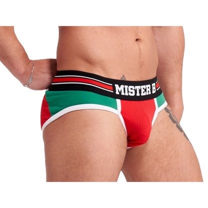 Groen met rode jockslip met push up voorvakje uit de Mister B Urban collectie. Perfect voor gay mannen en te koop bij Flavourez.