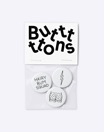 Hairy Butt Squad buttons. Ontworpen door Dicks Don't Lie. Gay of LGBTQ+ thema speldjes koop je bij Flavourez.nl