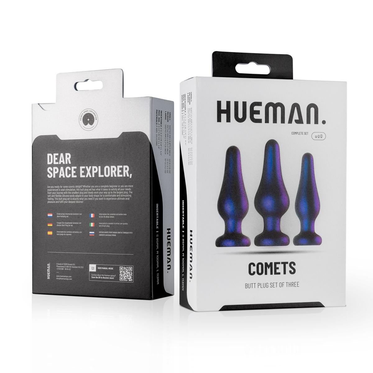 Luxe stijlvolle butt plug set van Hueman.  De set bevat 3 butt plugs in 3 groottes. Gemaakt van zachte siliconen. Hueman koop je bij Flavourez