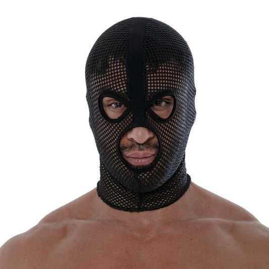 Mesh hood zwart ontworpen door TOF Paris. Zorgt voor anonimiteit op feesten of in je sexy videos. Verkrijgbaar bij Flavourez