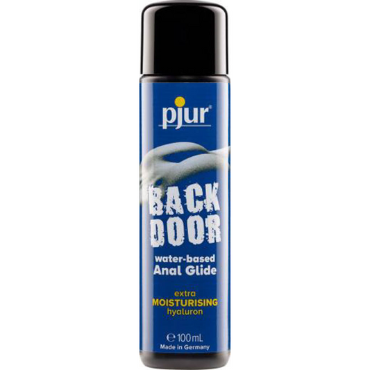 Blauw flesje Backdoor Water-based Anal Glide (glijmiddel op waterbasis) van het merk Pjur. Het flesje bevat 100ml. Perfect voor gay mannen en te koop bij Flavourez!