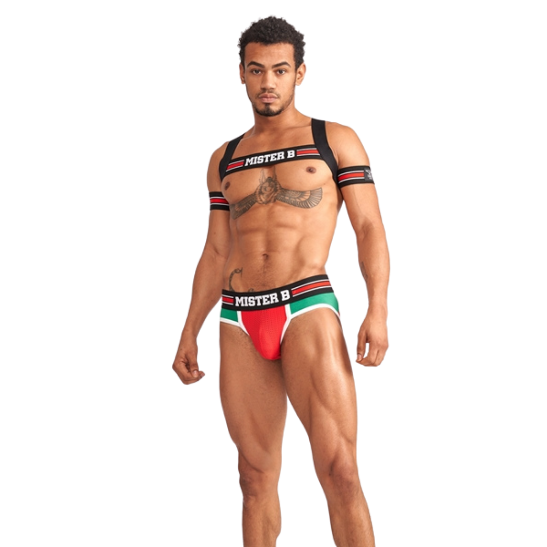 Rood met zwart harnas van Mister B. Perfecte accessoire voor gay club of party. Verkrijgbaar bij Flavourez.