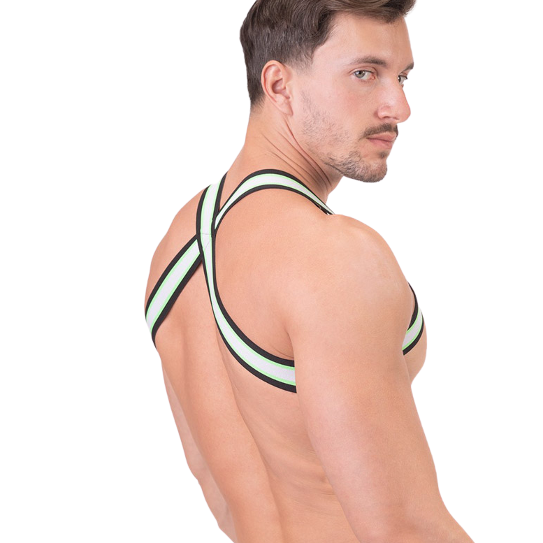 Sexy wit harnas met Neongroene en zwarte strepen, van het merk Barcode, te koop bij Flavourez