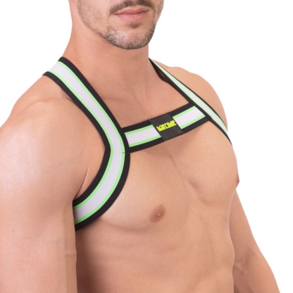 Sexy wit harnas met Neongroene en zwarte strepen, van het merk Barcode, te koop bij Flavourez