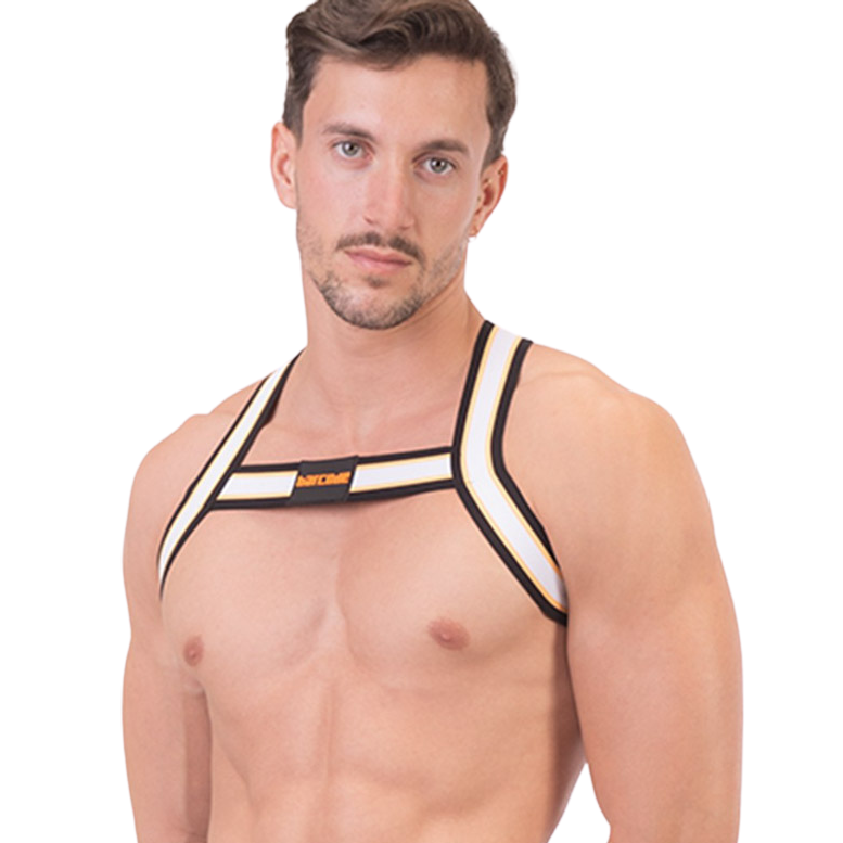 Sexy wit harnas met Neonoranje en zwarte strepen, van het merk Barcode, te koop bij Flavourez