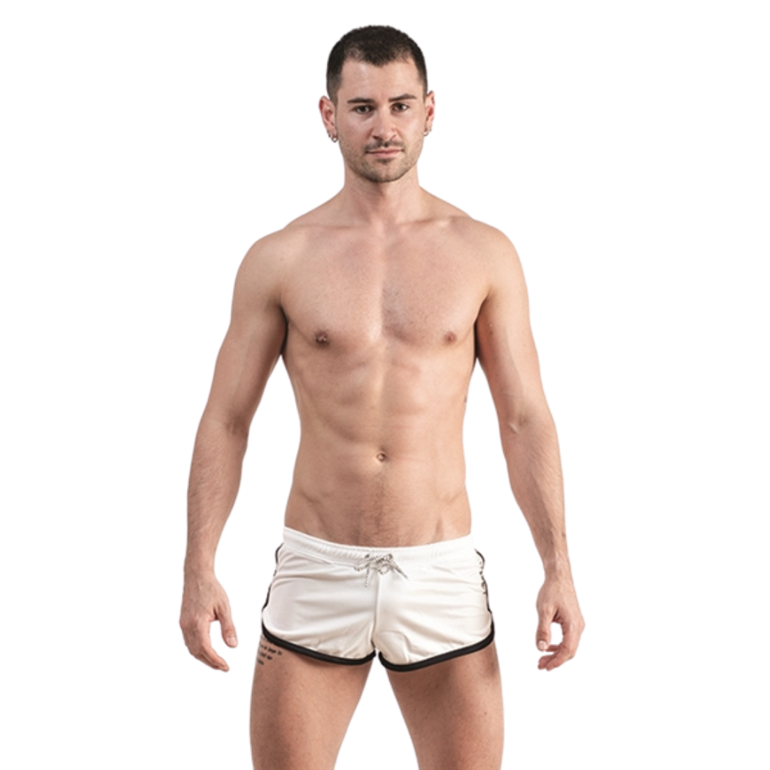 Sexy wit kort sportbroekje van het Nederlandse merk Mister B. Deze korte broek is perfect voor gay party's en gay cruises! Te koop bij Flavourez.