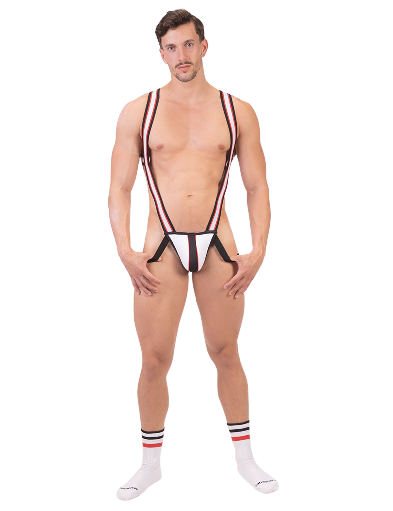 Sexy witte singlet met rode en zwarte strepen van het merk Barcode. Perfect voor gay party's en gay prides. Te koop bij Flavourez
