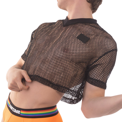 Sexy zwarte mesh crop top ontworpen door Barcode perfect voor gay mannen en te koop bij Flavourez