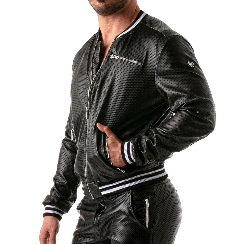 Sexy zwarte Pilot bomber jas met zwart-witte ribboorden voor een casual en sportieve look. Ontworpen door TOF Paris en te koop bij Flavourez.