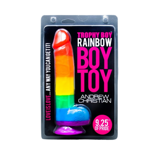 23.5 cm lange dildo in regenboogkleuren ontworpen door Andrew Christian. Perfect voor gay mannen en te koop bij Flavourez.