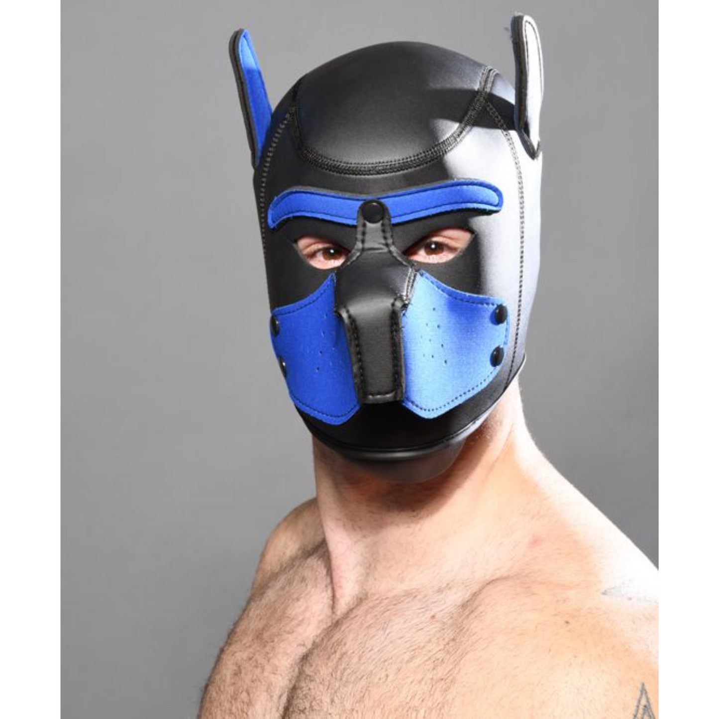 Zwart met blauw puppy fetish masker voor mannen ontworpen door Andrew Christian en te koop bij Flavourez.