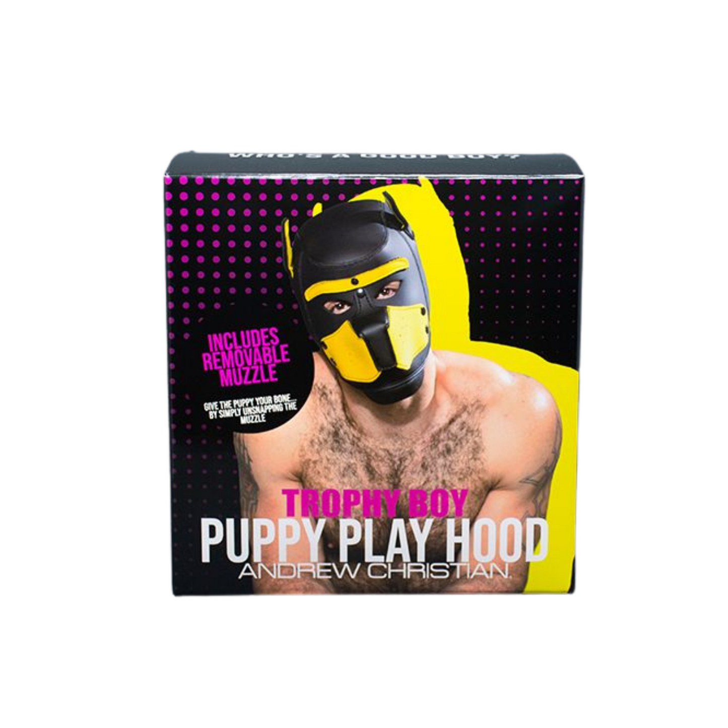 Zwart met geel puppy fetish masker voor mannen ontworpen door Andrew Christian en te koop bij Flavourez.