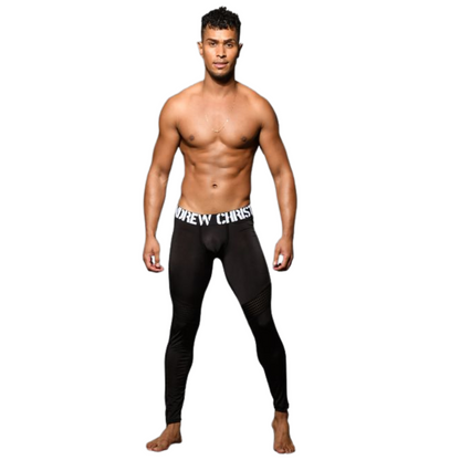 Zwarte heren legging met extra brede tailleband, ontworpen door Andrew Christian. Te koop bij Flavourez.