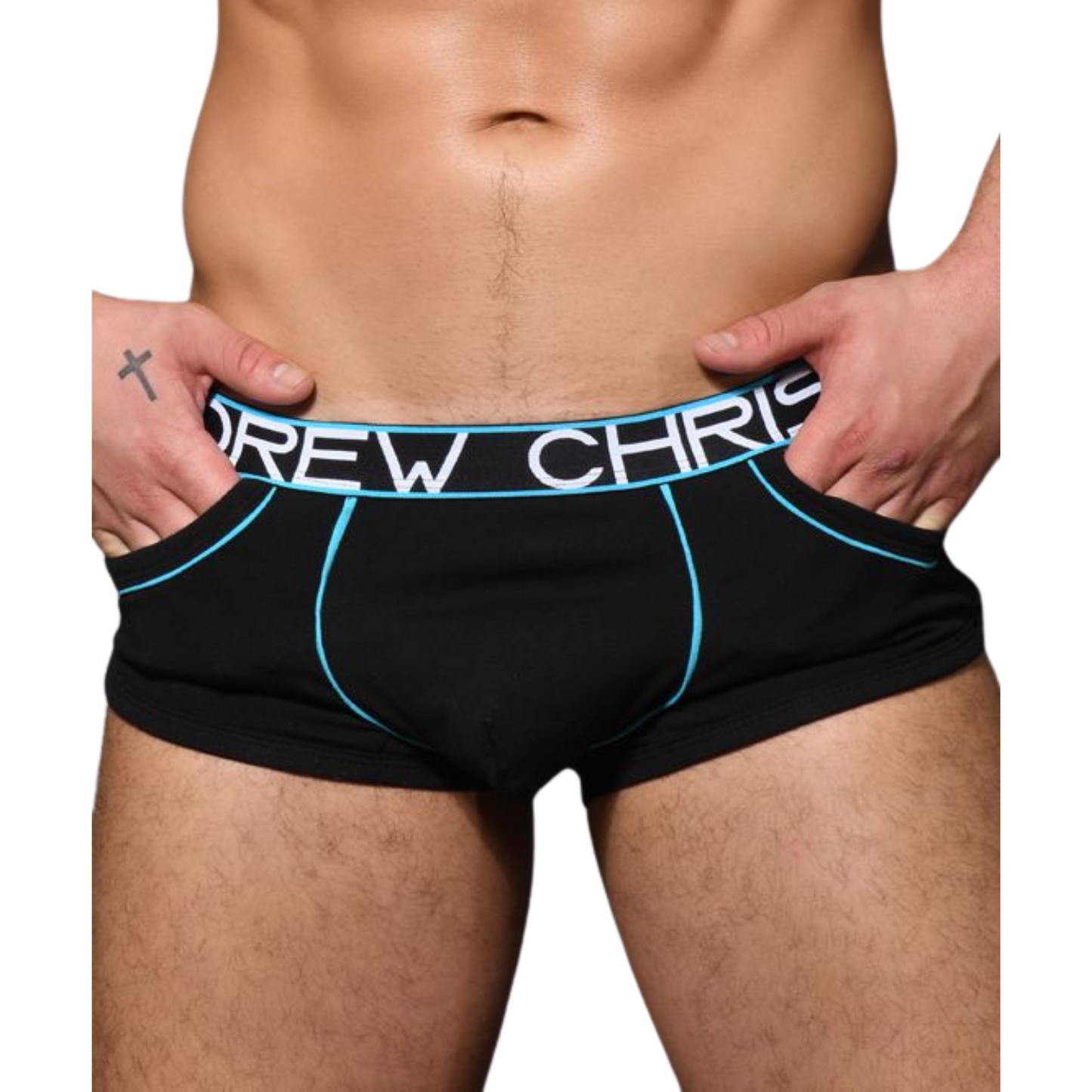 Hippe zwarte boxershort met zakken en lichtblauwe accenten. Ontworpen door Andrew Christian en te koop bij Flavourez.