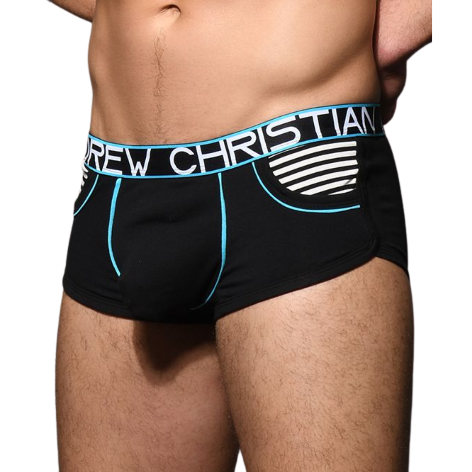 Hippe zwarte boxershort met zakken en lichtblauwe accenten. Ontworpen door Andrew Christian en te koop bij Flavourez.