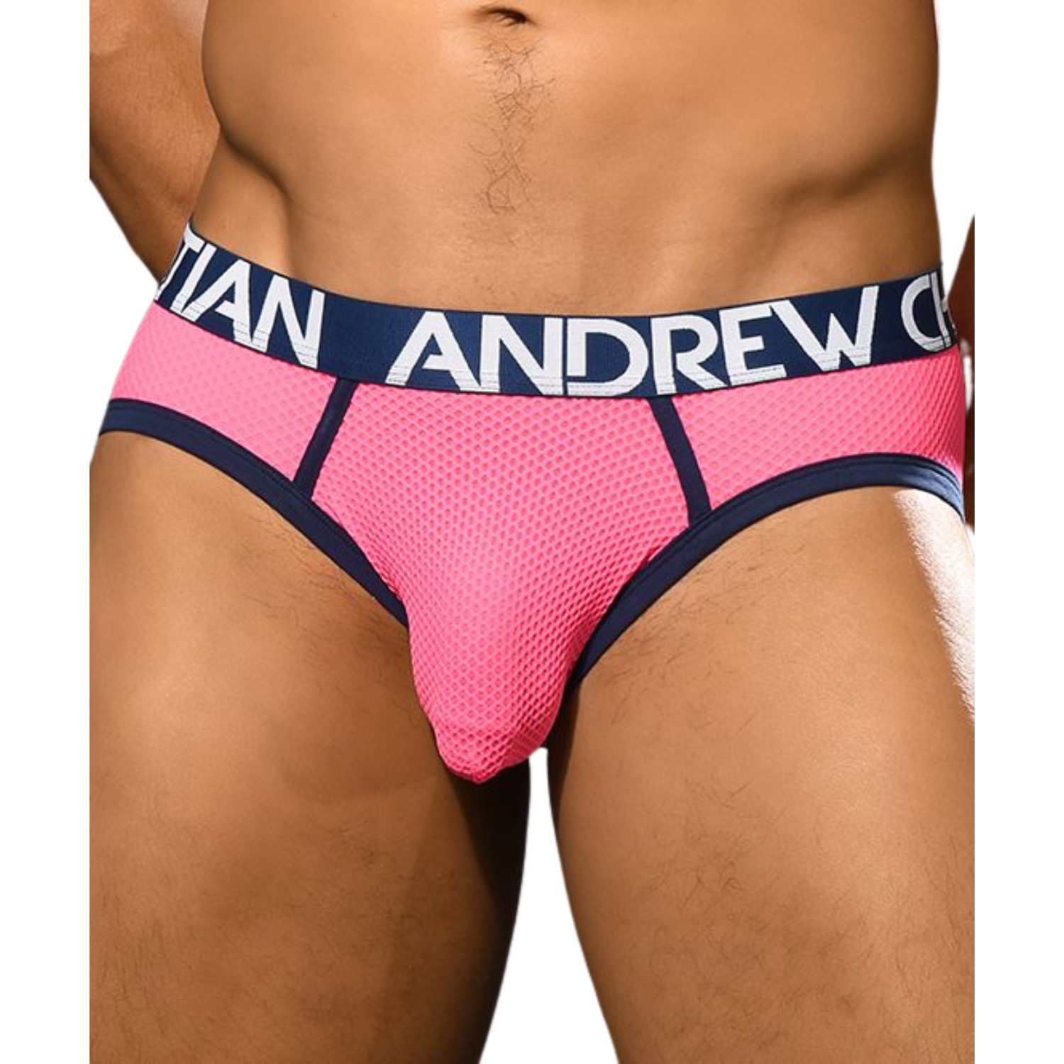Stijlvolle en sexy roze mesh jockstrap van het bekende merk Andrew Christian. Te koop bij Flavourez.