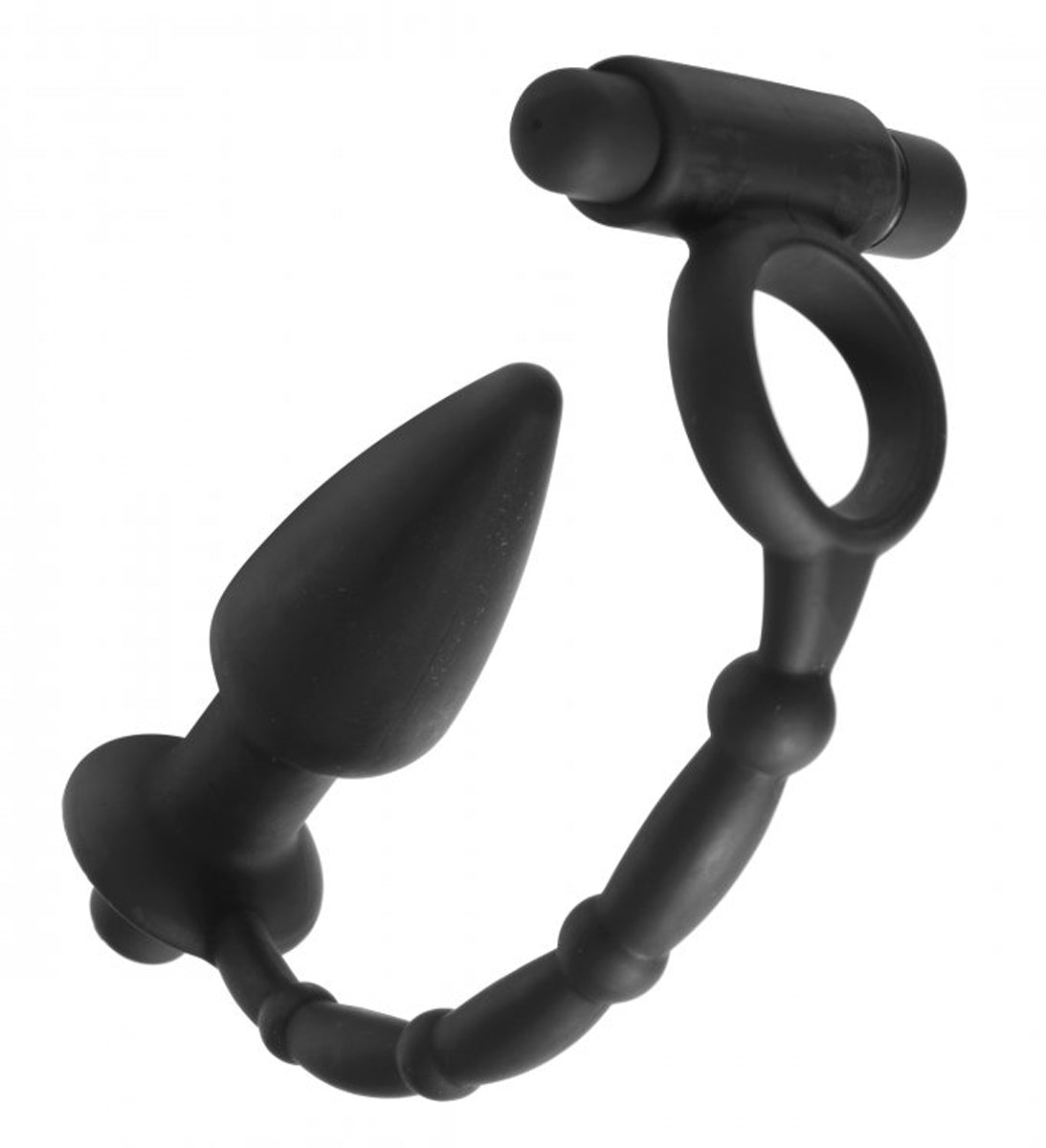 Vibrerende cock ring met vibrerende butt plug er aan verbonden van het merk Master Series. Verkrijgnbaar bij Flavourez